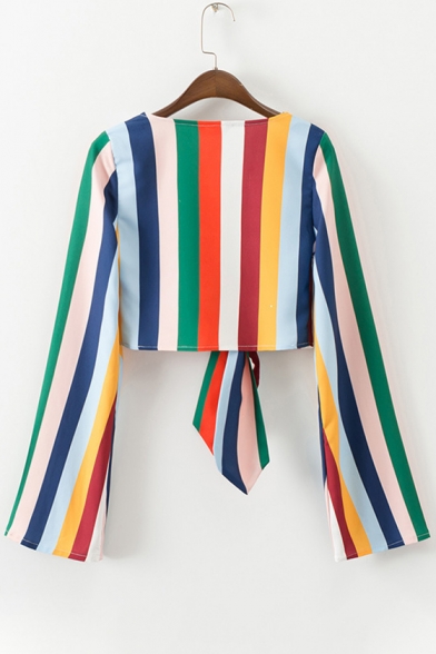 Colorful Striped Printed Long Sleeve Crop Tied Front Blouse