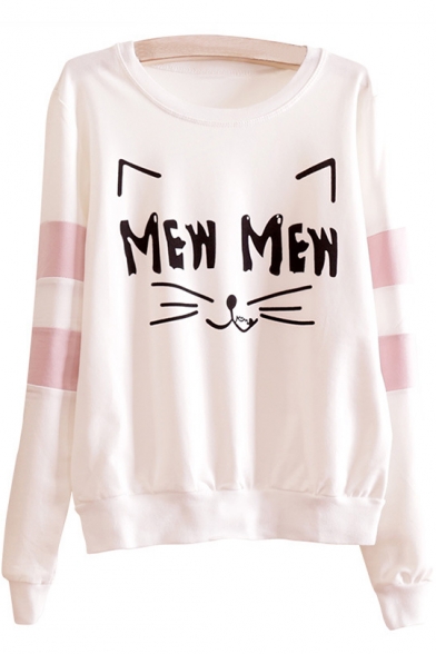 Contrast Striped Cat Letter Printed Round Neck Long Sleeve Sweatshirt