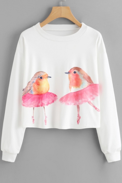 Cute Dancing Bird Round Neck Long Sleeve Sweatshirt