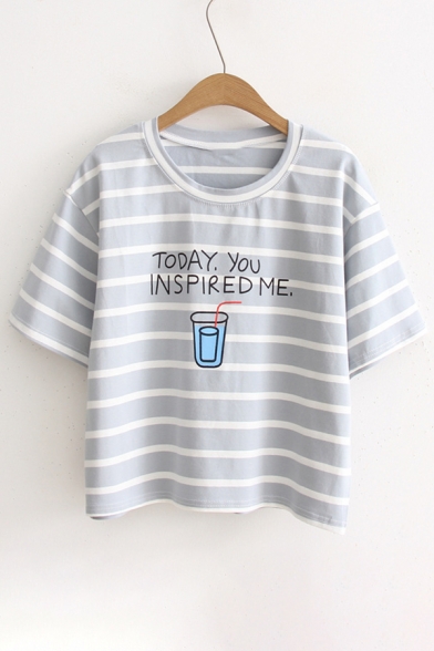 Drink Letter Printed Round Neck Short Sleeve Striped Tee