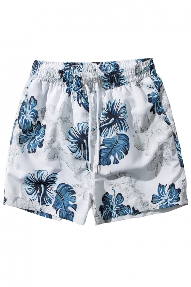 Fancy Elastic Bright Blue Drawstring Floral Bathing Shorts for Guys with Mesh Brief Liner
