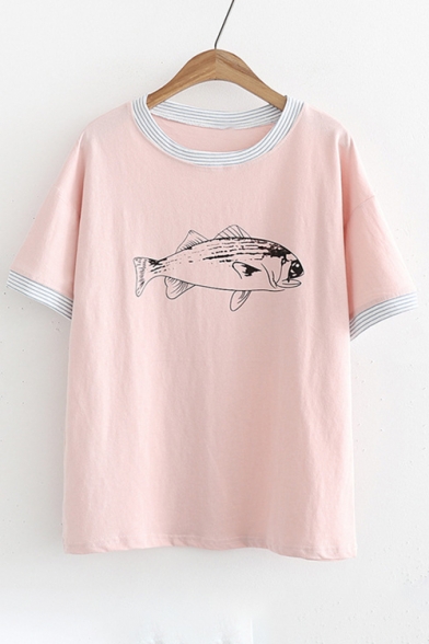 Fish Printed Contrast Striped Trim Round Neck Short Sleeve Tee