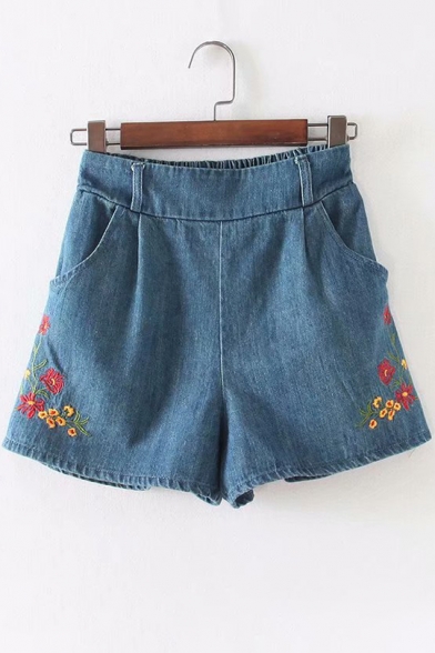 Floral Embroidered Elastic Waist Wide Leg Shorts with Double Pockets
