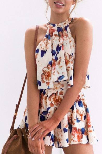 Floral Printed Halter Sleeveless Top with Loose Culottes Co-ords