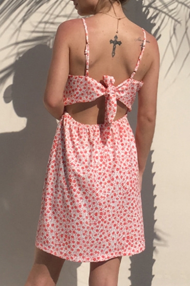 Floral Printed Spaghetti Straps Sleeveless Buttons Down Hollow Out Back Mini Cami Dress