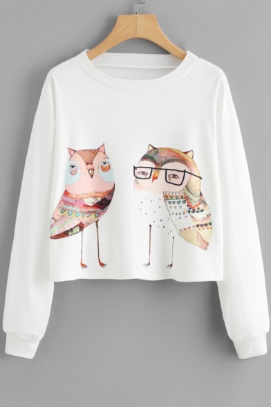 Glasses Owl Printed Round Neck Long Sleeve Sweatshirt