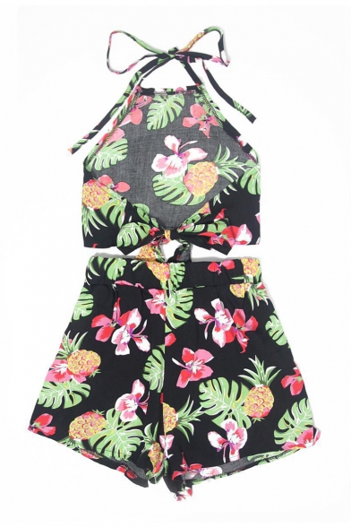 Halter Floral Pineapple Printed Sleeveless Crop Cami with Elastic Waist Culotte Co-ords