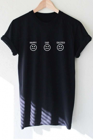HAPPY SAD EXCITED Emoji Printed Round Neck Short Sleeve Tee