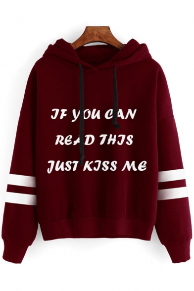IF YOU CAN READ THIS JUST KISS ME Letter Printed Stripes Long Sleeve Hoodie