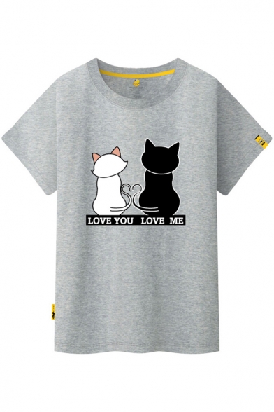 LOVE YOU LOVE ME Letter Cat Printed Round Neck Short Sleeve Tee