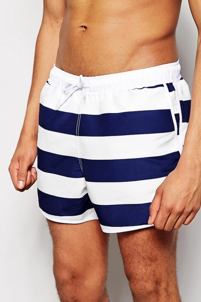 Mens Elastic Navy Blue and White Striped Swim Trunks Shorts with Back Pockets