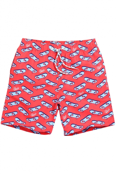 Mens Red Drawstring Stretch All Over Board Pattern Swim Shorts with Hook and Loop Pockets