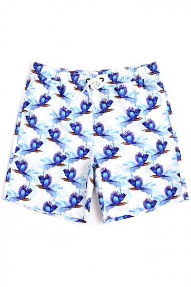 New Fashion White Short Men's Bird Print Swimming Trunks with Mesh Brief