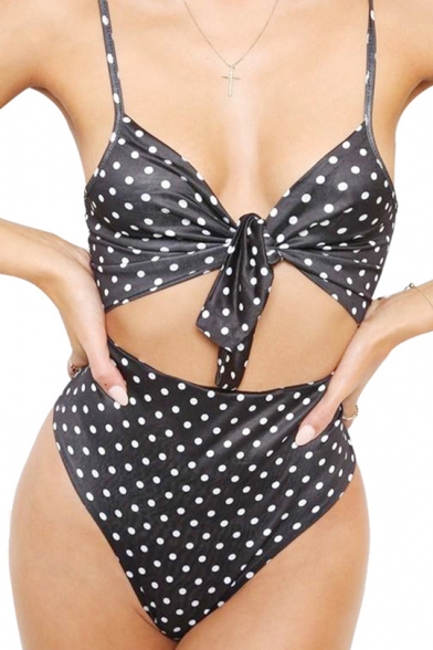 Polka Dot Printed Tied Front Hollow Out Spaghetti Straps Sleeveless One Piece Swimwear