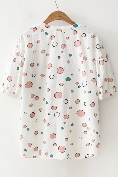Polka Dot V-Neck Single Breasted Button Short Sleeve Shirt
