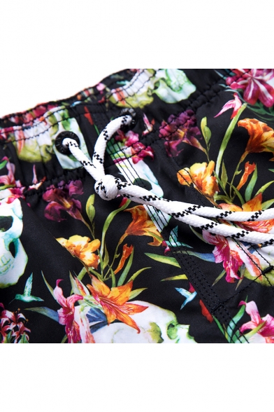 Popular Black Elastic Floral Skull Tropical Swimming Trunks Shorts for Men without Liner