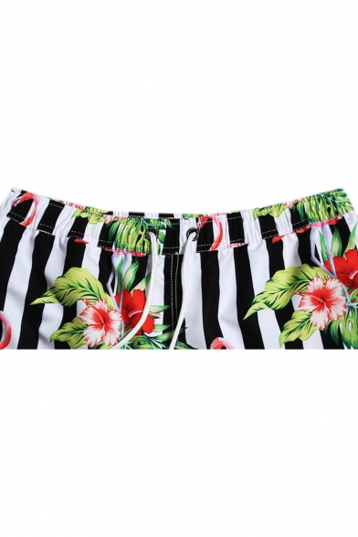 Quick Dry Floral Flamingo Mens Classic Black and White Striped Swimwear Shorts with Mesh Brief Lining