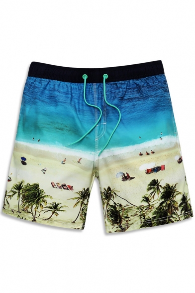 Quick Drying Elastic Blue Sea Sand Beachside Tree Swim Trunks Bathing Shorts with Pockets