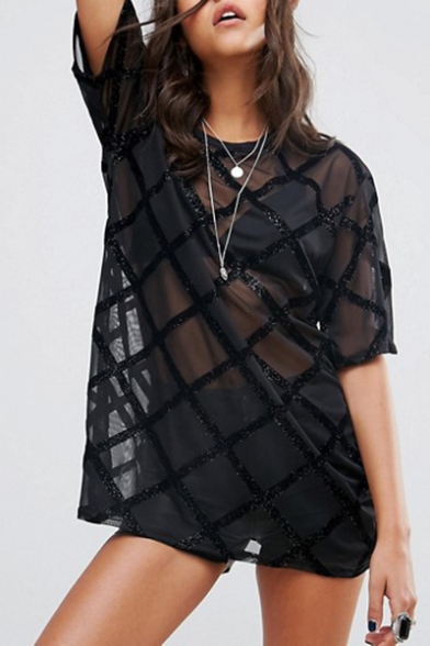 

Sexy Sheer Grid Round Neck Short Sleeve Plain Tee