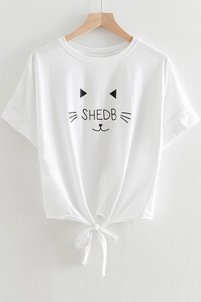 SHEDB Letter Cat Printed Tie Front Round Neck Short Sleeve Tee