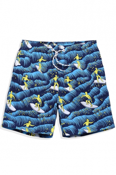 Stylish Designer Navy Blue Male Surfing Cartoon Wave Swim Trunks with Lined Pockets