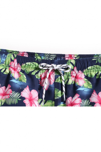 Trendy Elastic Men's Navy Blue Fast Drying Drawcord Floral Leaf Beach Shorts for Summer without Liner