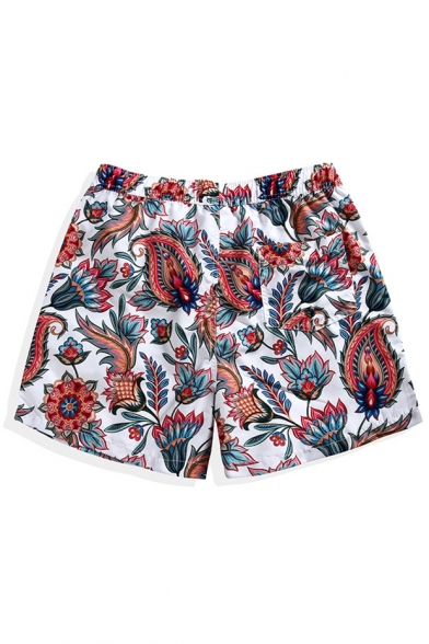 Unique Quick Drying Men's White Floral Tropical Print Swim Trunks with Hook and Loop Pockets