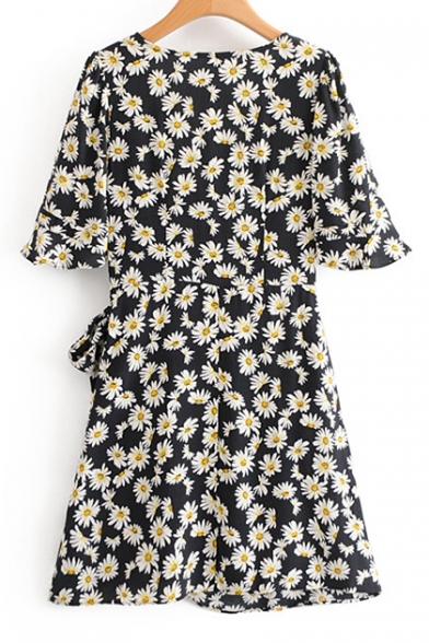 V Neck Floral Printed Short Sleeve Mini Wrap Dress
