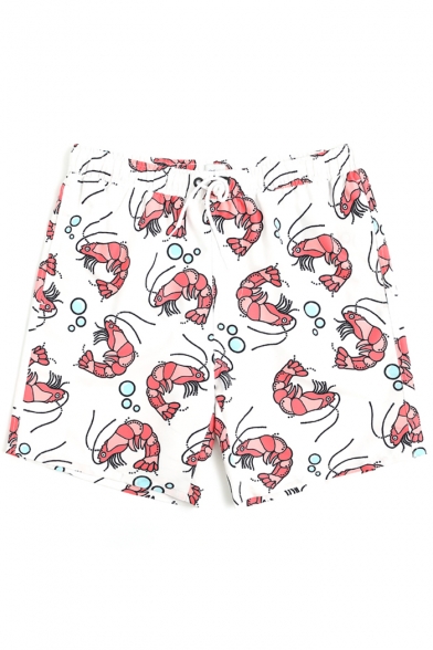 White Awesome Shrimp Pattern Swimming Trunks with Mesh Lining and Pockets