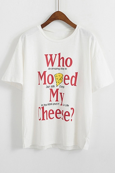 WHO MOVED Letter Cheese Printed Round Neck Short Sleeve Tee