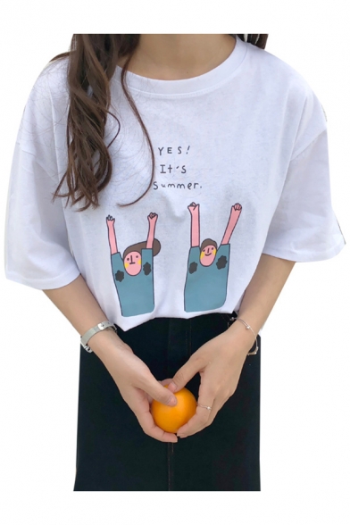 YES IT'S SUMMER Letter Cartoon Character Printed Round Neck Short Sleeve Tee