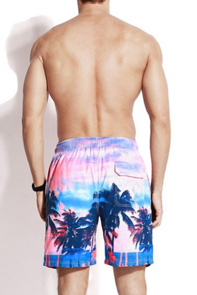 Awesome Elastic Mens Pink Palm Beachside Swim Trunks with Pockets and Brief Lining