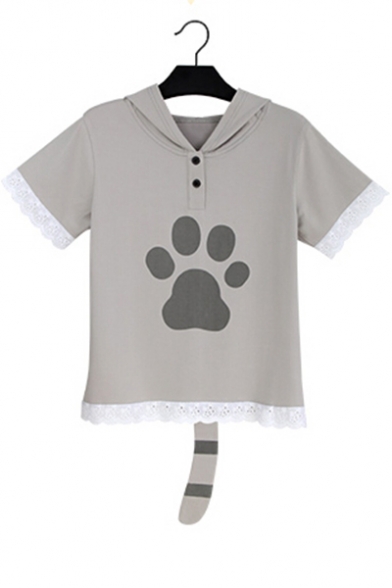 Cat Pattern Printed Tail Embellished Short Sleeve Hooded Tee