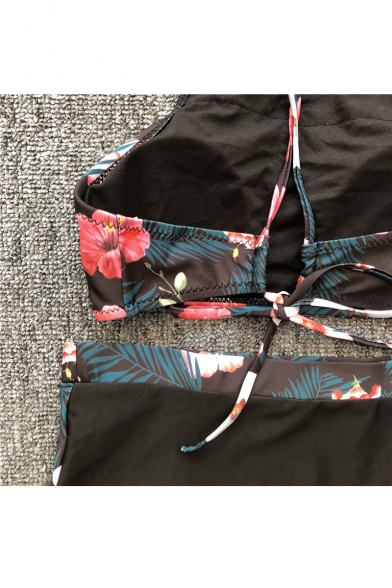 Color Block Leaf Floral Printed Halter Sleeveless Cami with High Waist Bottom Bikini