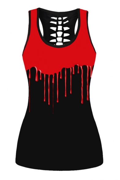 Color Block Printed Hollow Out Back Sleeveless Tank