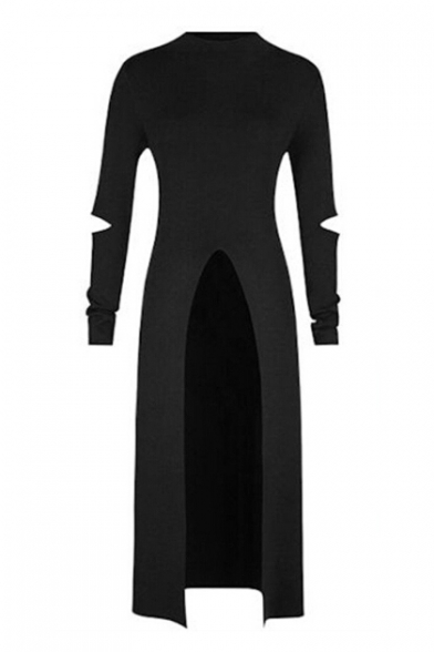 Cut Out Detail Long Sleeve Plain Round Neck Split Front Maxi Asymmetric Hem Dress