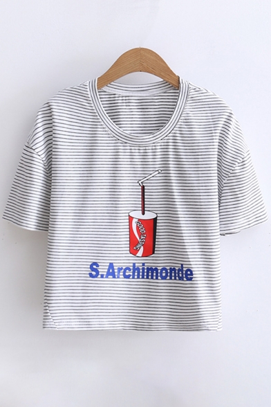 Drink Letter Printed Round Neck Short Sleeve Striped Crop Tee