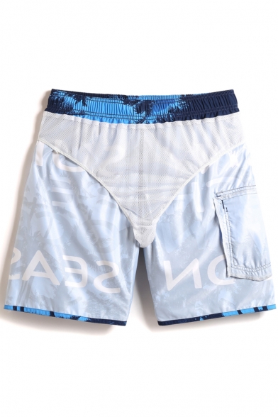 Fancy Designer Men's Blue Palm Letter Embroidery Bathing Shorts with Cargo Pockets and Mesh Lining