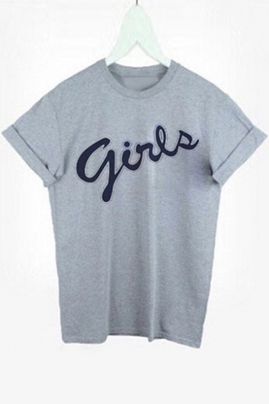 GIRLS Letter Printed Round Neck Short Roll Sleeve Tee
