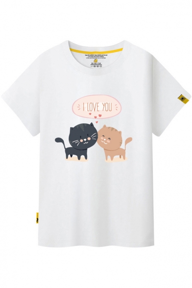 I LOVE YOU Cat Printed Round Neck Short Sleeve Tee