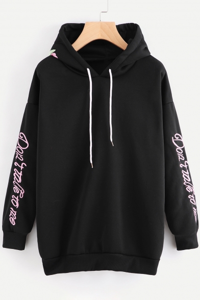 Letter Floral Embroidered Long Sleeve Hoodie
