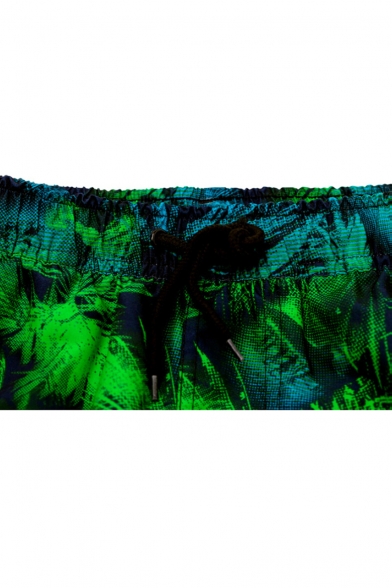 Men's Green and Blue Chic Leaf Tropical Print Bathing Shorts with Mesh Brief and Pockets