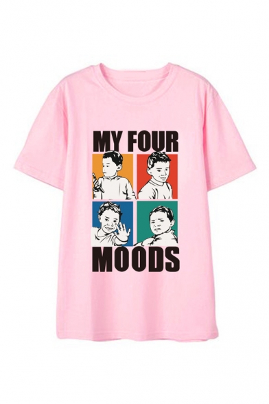 MY FOUR MOODS Letter Character Printed Round Neck Short Sleeve Tee