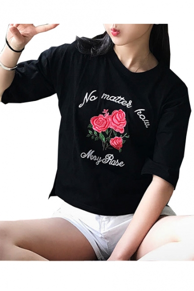 NO MATTER Letter Floral Embroidered Round Neck Short Sleeve Tee