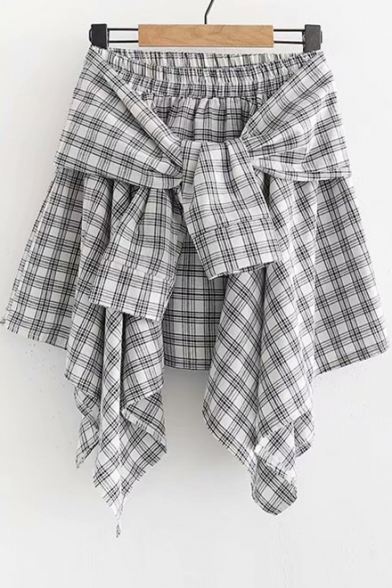 Plaid Tie Front Elastic Waist Asymmetric Skirt