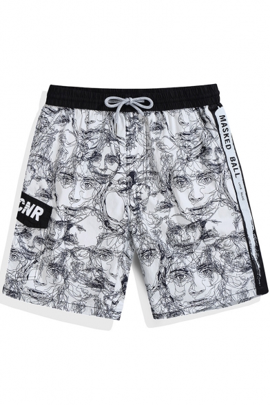 Popular White Cartoon Abstract Graffiti Bathing Suits Shorts for Guys with Side Pockets