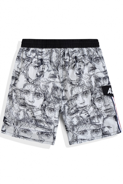 Popular White Cartoon Abstract Graffiti Bathing Suits Shorts for Guys with Side Pockets