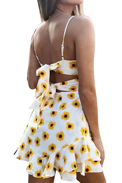 Sun Floral Printed Spaghetti Straps Sleeveless Asymmetric Hem Ruffle Detail Mini Cami Dress