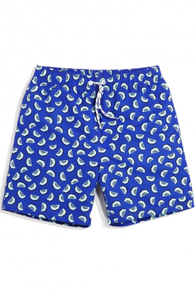 Top Rated Mens Royal Blue Melon Pattern Swim Trunks with Mesh Lining Pockets