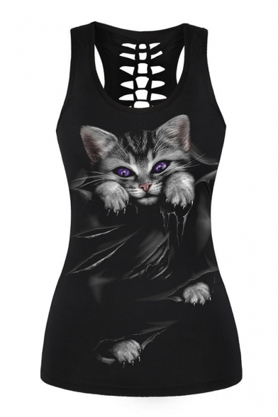 3D Cat Printed Round Neck Sleeveless Hollow Out Back Tank